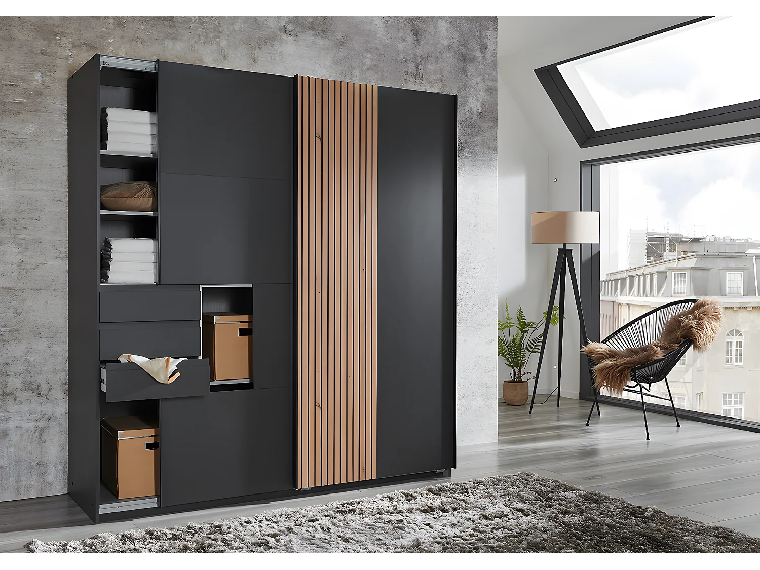 Armoire, meuble de rangement coloris graphite, rechampis imitation chêne