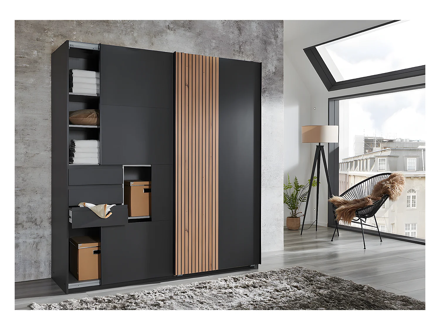 Armoire, meuble de rangement coloris graphite, rechampis imitation chêne