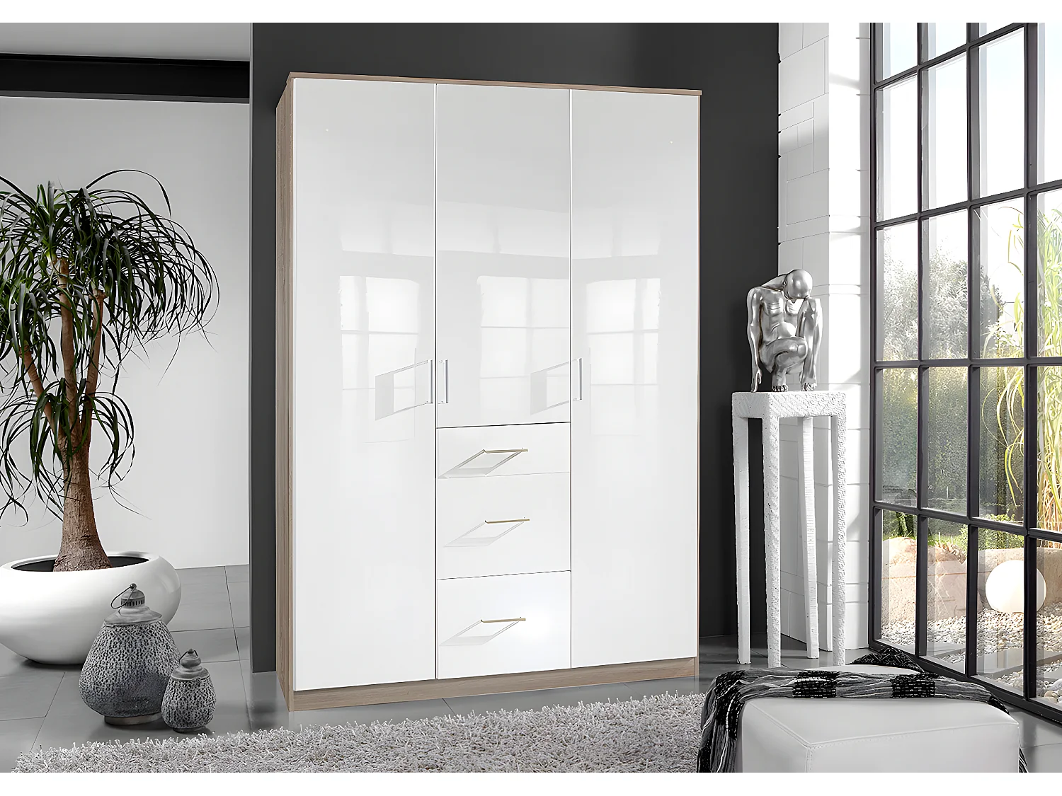 Armoire placard, meuble de rangement coloris blanc cassé, imitation chêne