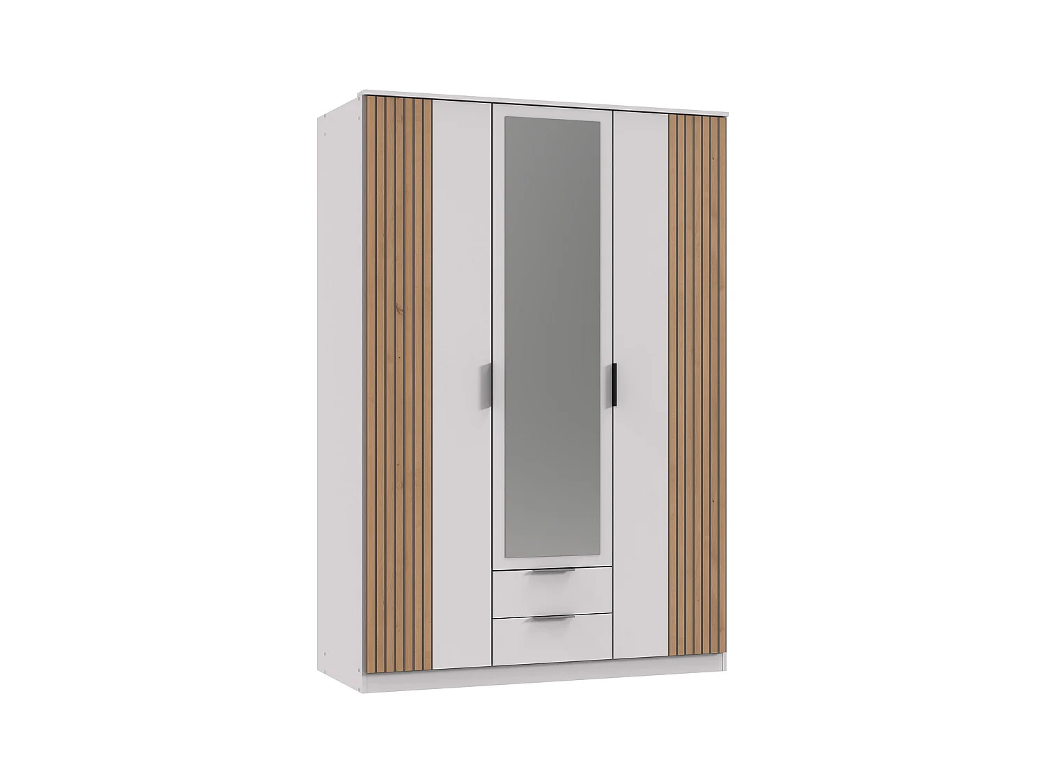 Armoire Placard, meuble de rangement avec miroir coloris blanc, rechampis imitation chêne artisan
