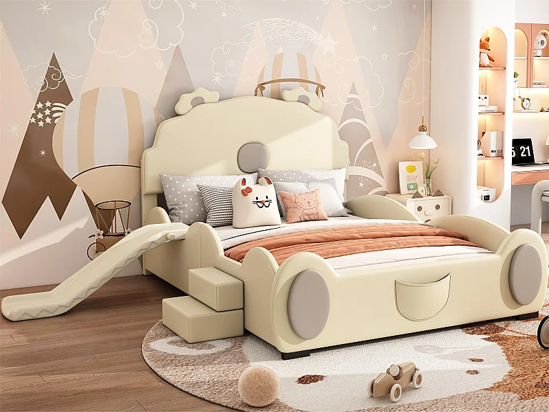 Cama de criança em pele sintética 140x200 cm - com escorrega e escada - Bege