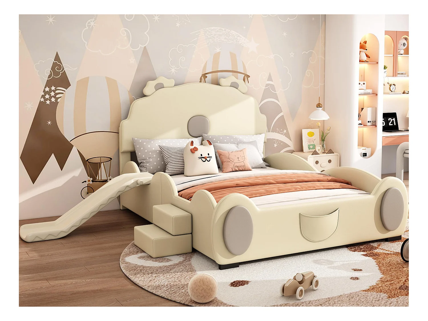 Kunstleren kinderbed 140x200 cm - met glijbaan en ladder - Beige