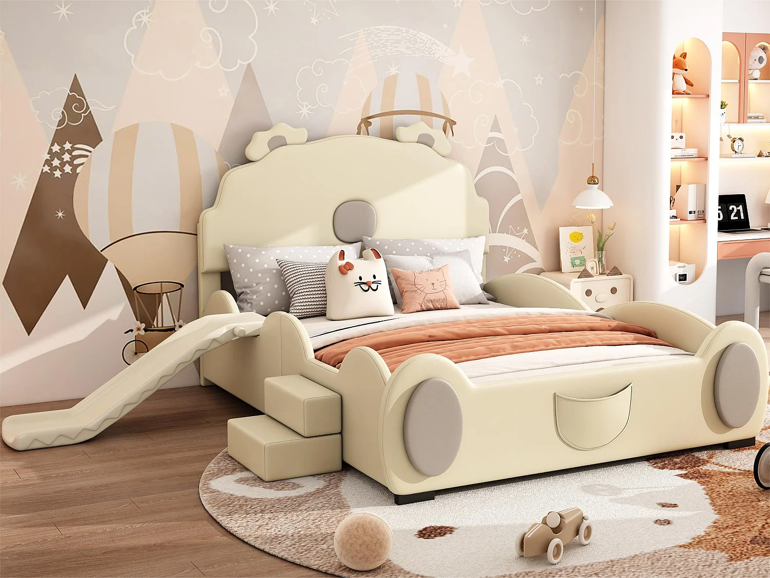 Kunstleren kinderbed 140x200 cm - met glijbaan en ladder - Beige