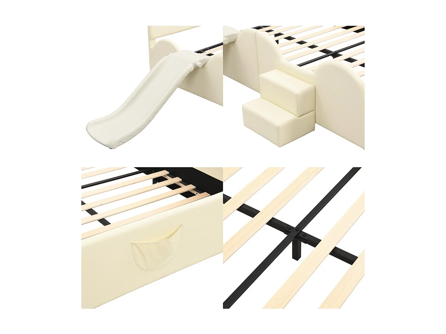 Kunstleren kinderbed 140x200 cm - met glijbaan en ladder - Beige