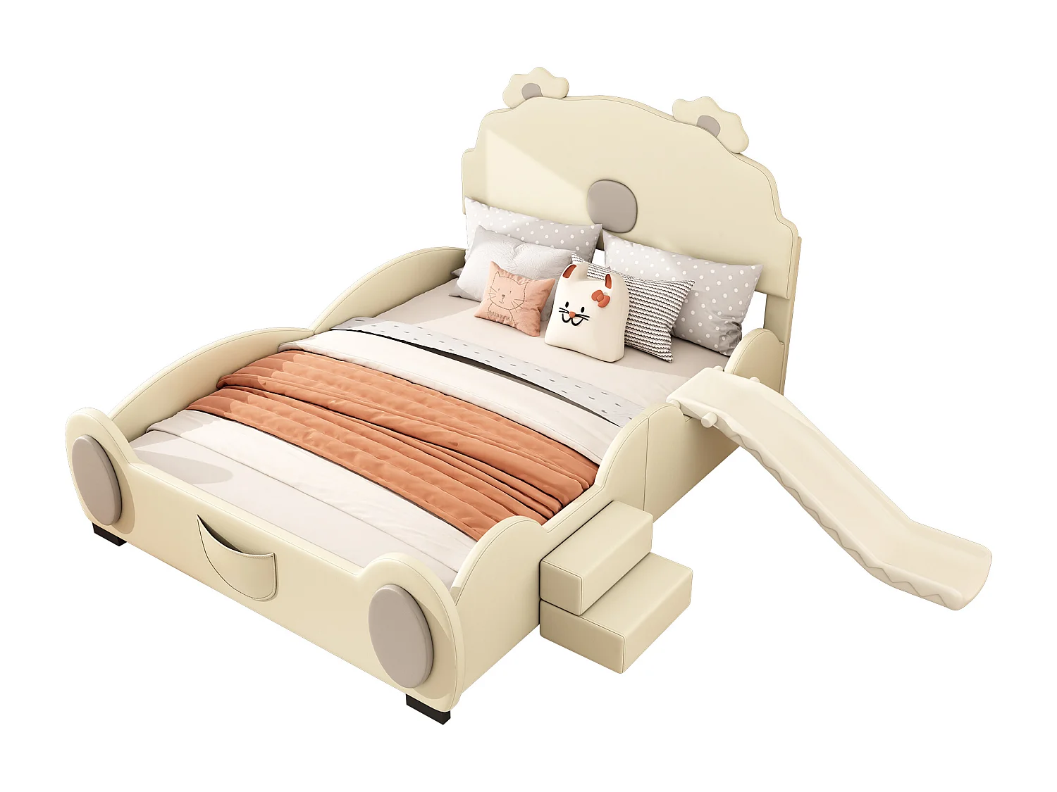 Kunstleren kinderbed 140x200 cm - met glijbaan en ladder - Beige