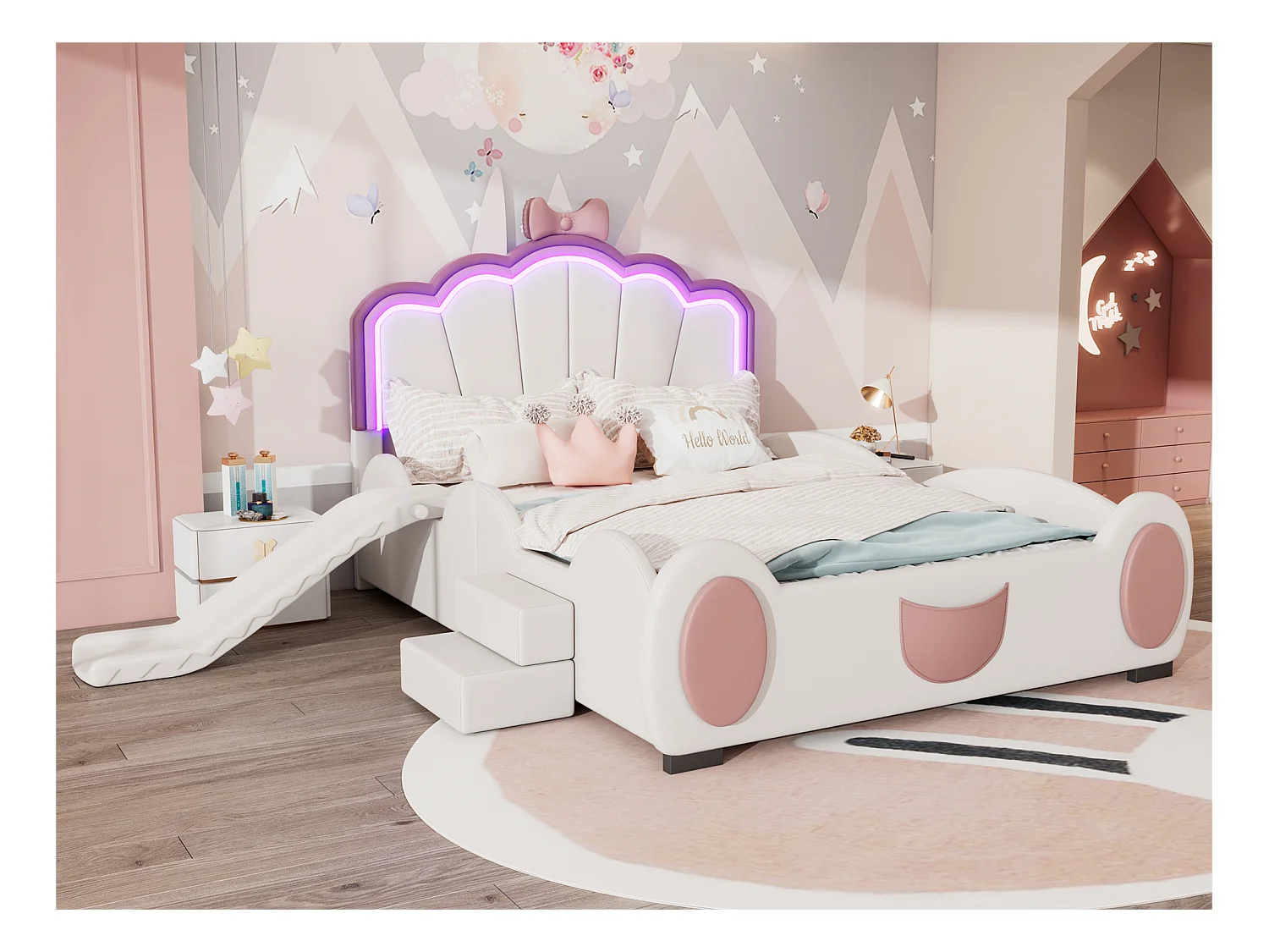 Kunstleren kinderbed 140x200 cm - met glijbaan en ladder - met LED en afstandsbediening - Roze