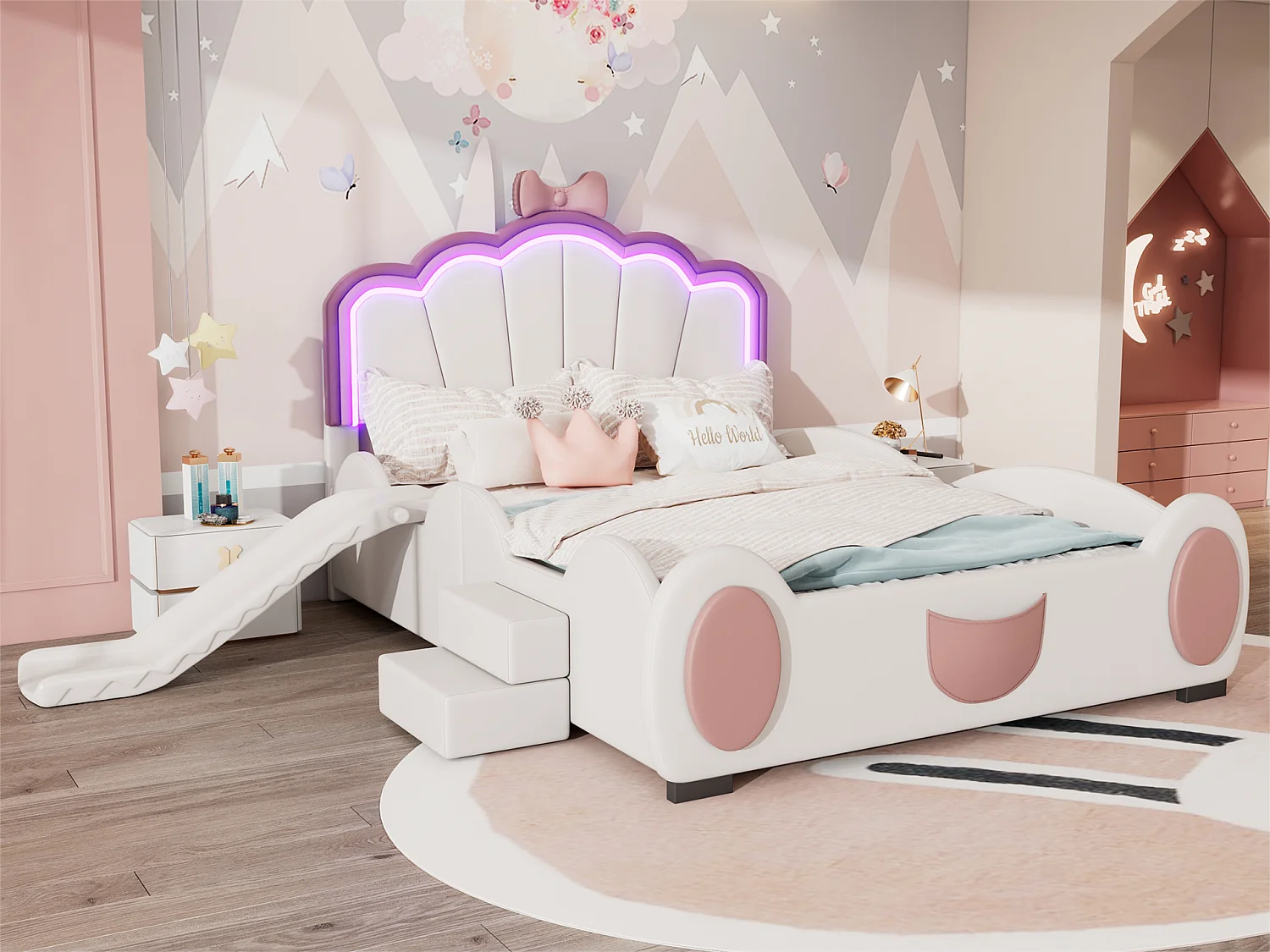 Kinderbett aus Kunstleder 140x200 cm – mit Rutsche und Leiter – mit LED und Fernbedienung – Pink