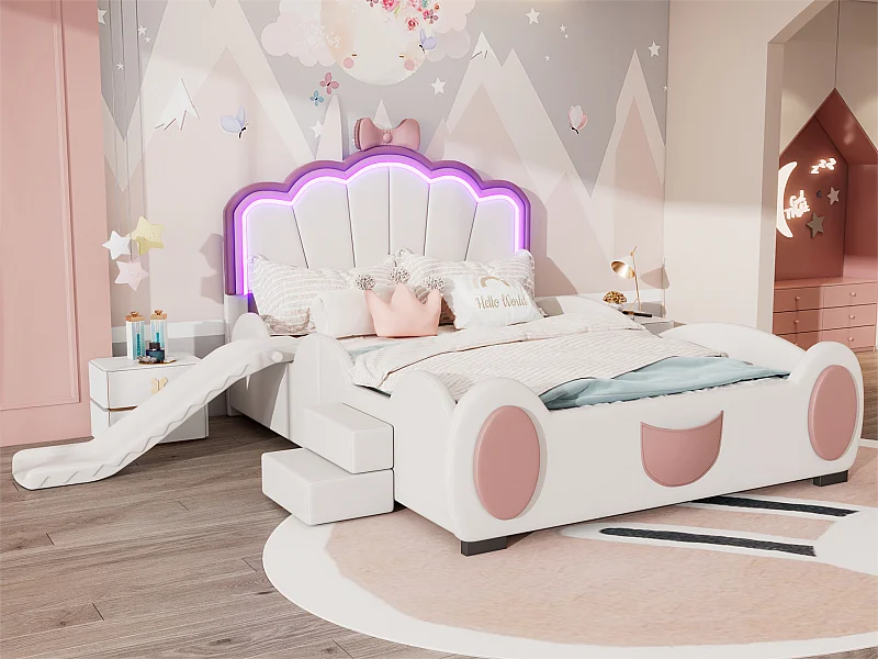 Lit enfant en similicuir 140x200 cm - avec toboggan et échelle - avec LED et télécommande - Rose