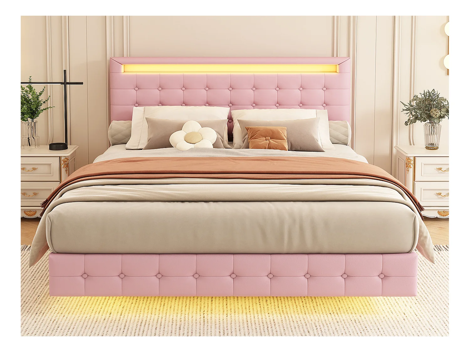 Lit adute 140x200cm - avec LED et télécommande - en similicuir - Rose