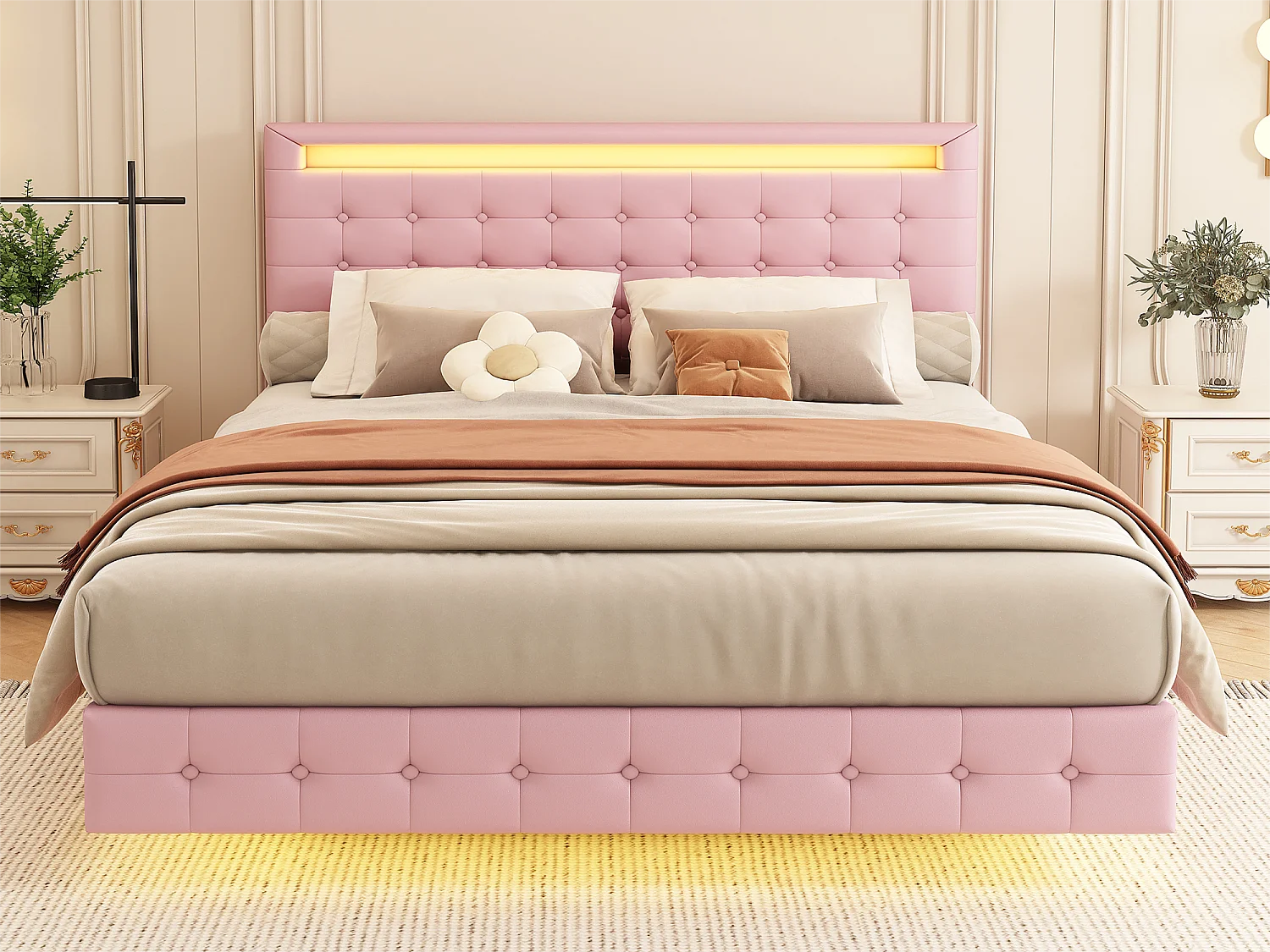 Volwassen bed 140x200cm - met LED en afstandsbediening - in kunstleer - Roze