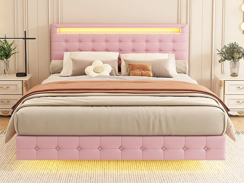 Volwassen bed 140x200cm - met LED en afstandsbediening - in kunstleer - Roze