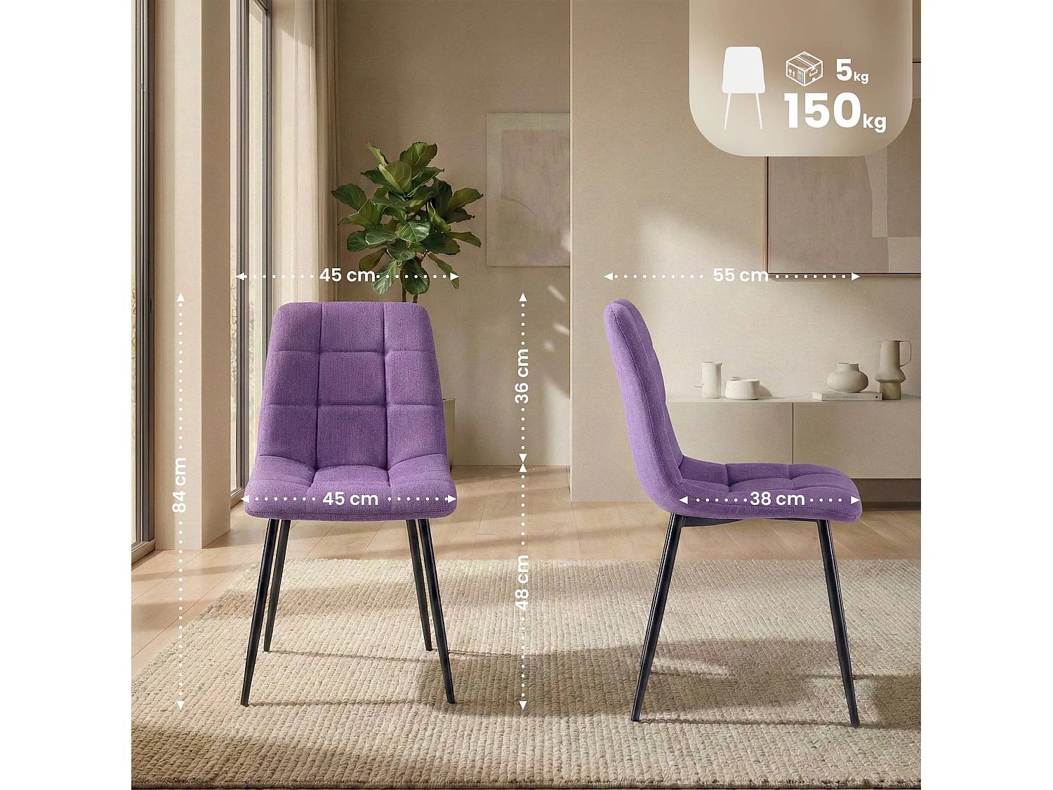 Lot de 4  chaise salle à manger - Tissu - Violet - Antibes