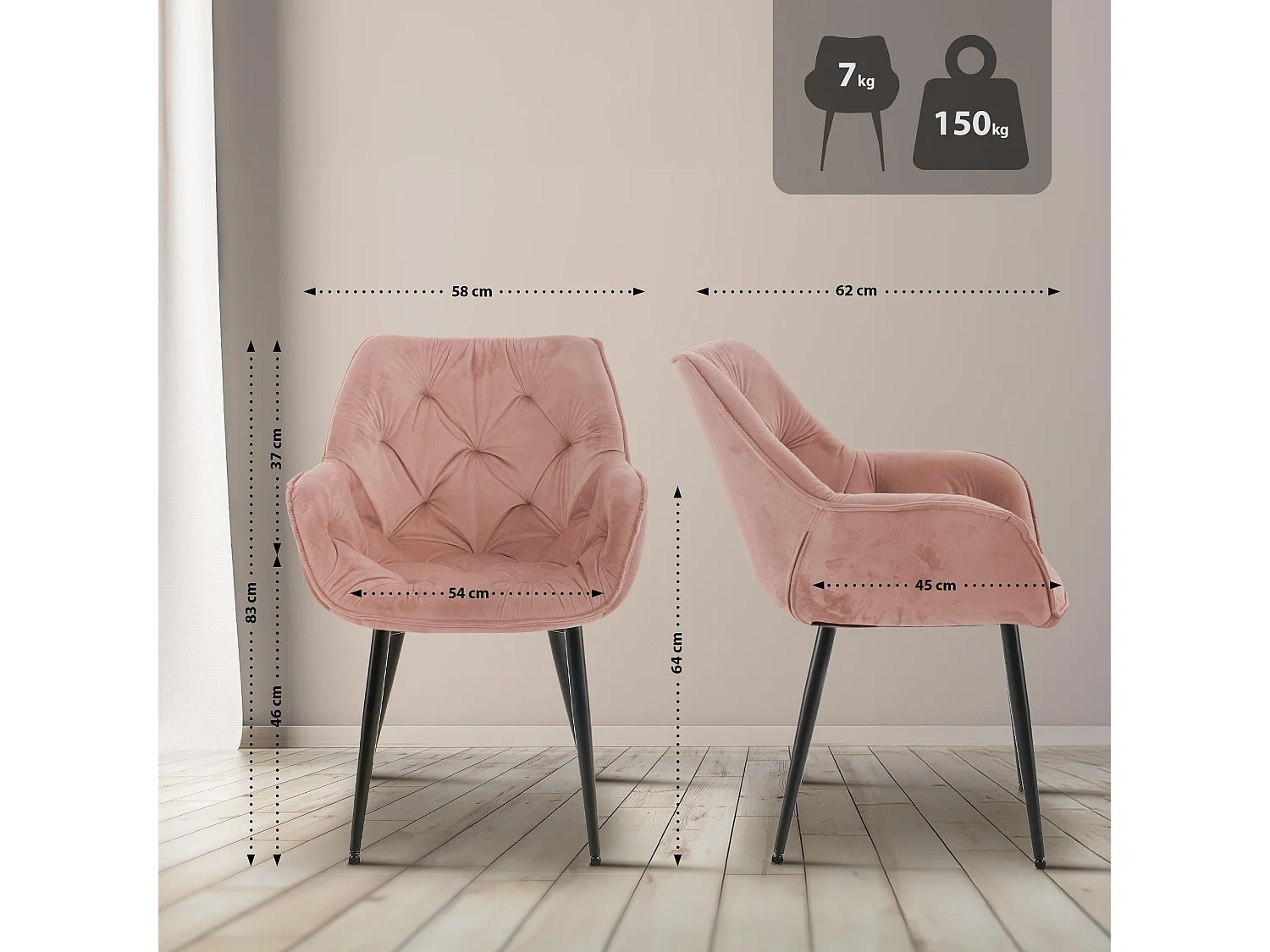 chaises avec accoudoirs - Velours - Rose - Tanna