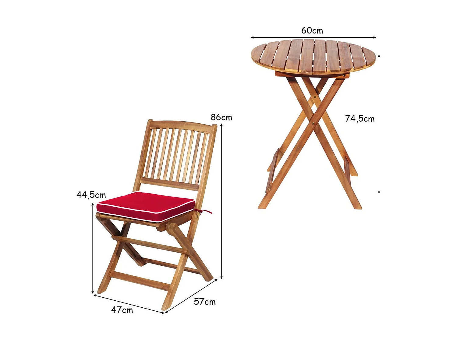 Set 3 pezzi pieghevoli in legno di acacia da esterno, Set sedie e tavolo con cuscino imbottito Rosso