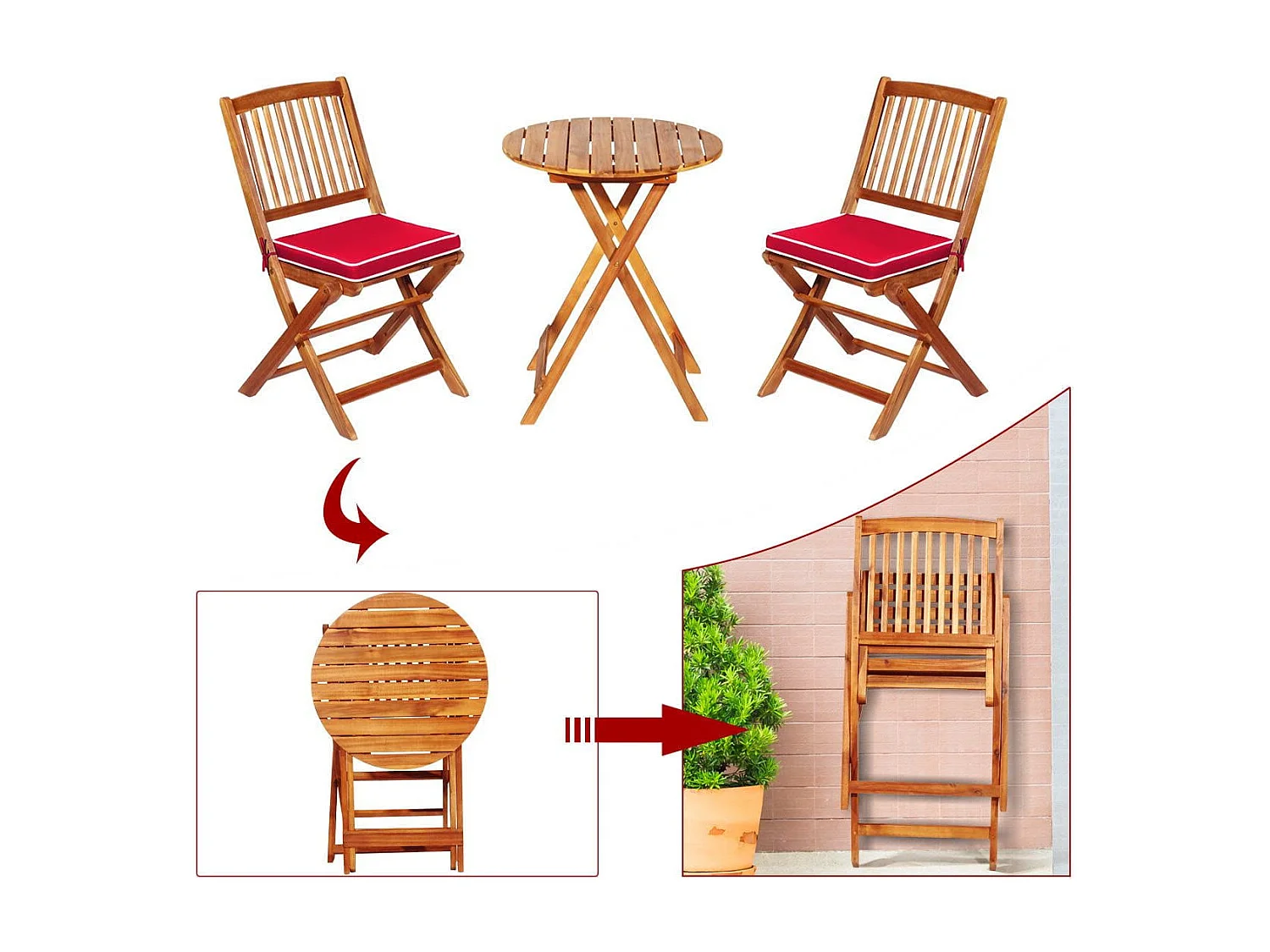Set 3 pezzi pieghevoli in legno di acacia da esterno, Set sedie e tavolo con cuscino imbottito Rosso
