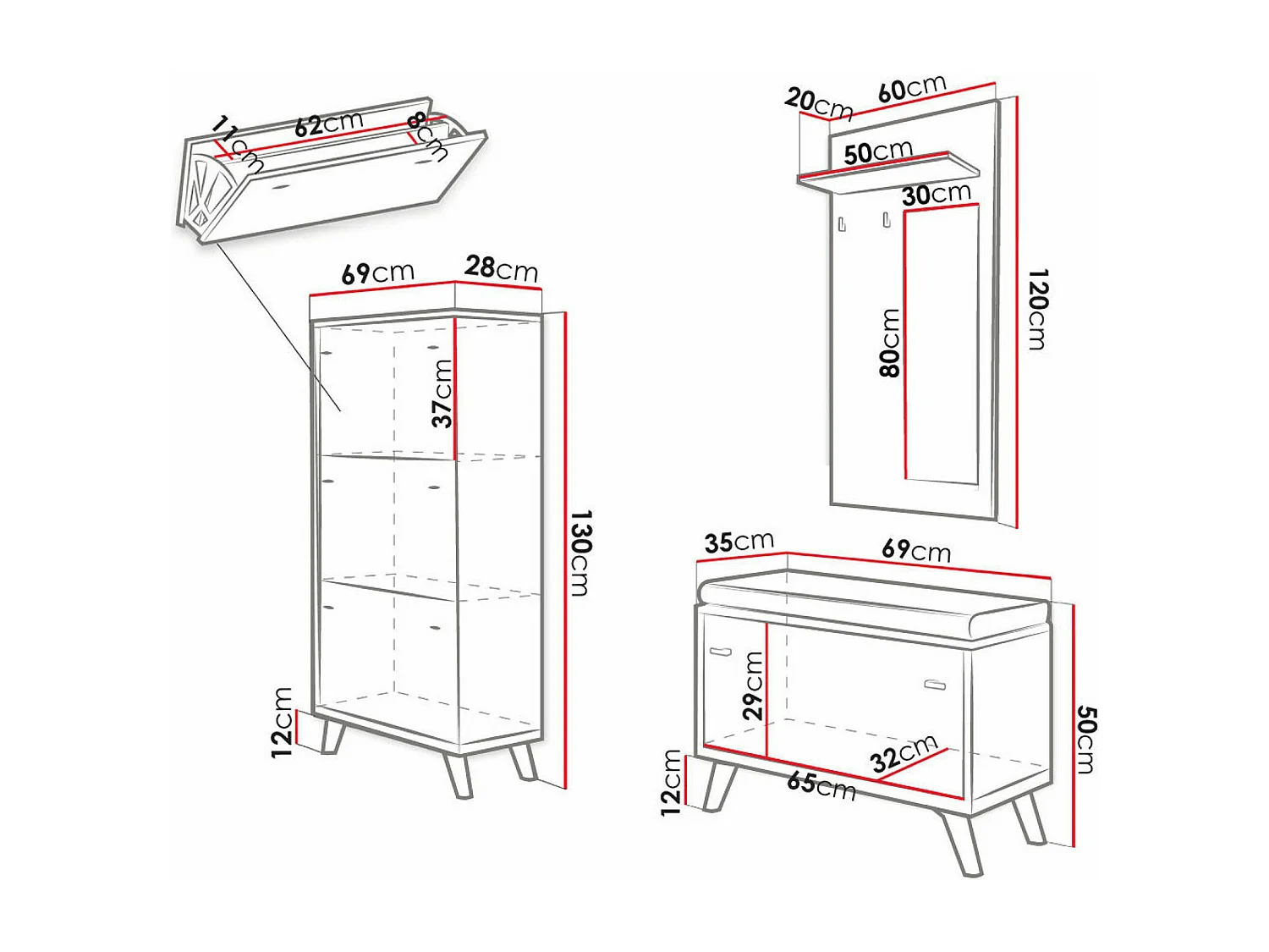 Meuble d'entrée Levtena 106, Disponible, Chêne doré artisanal|Blanc, Stratifié