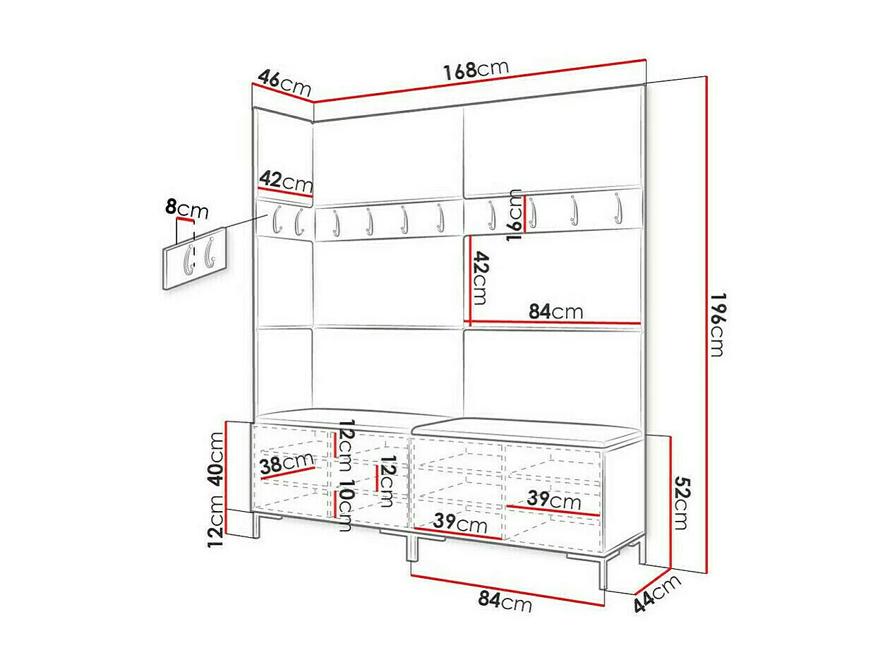 Meuble d'entrée Tivsoa 104, 196x168x46cm, Blanc|Brun foncé, Tissu|Stratifié