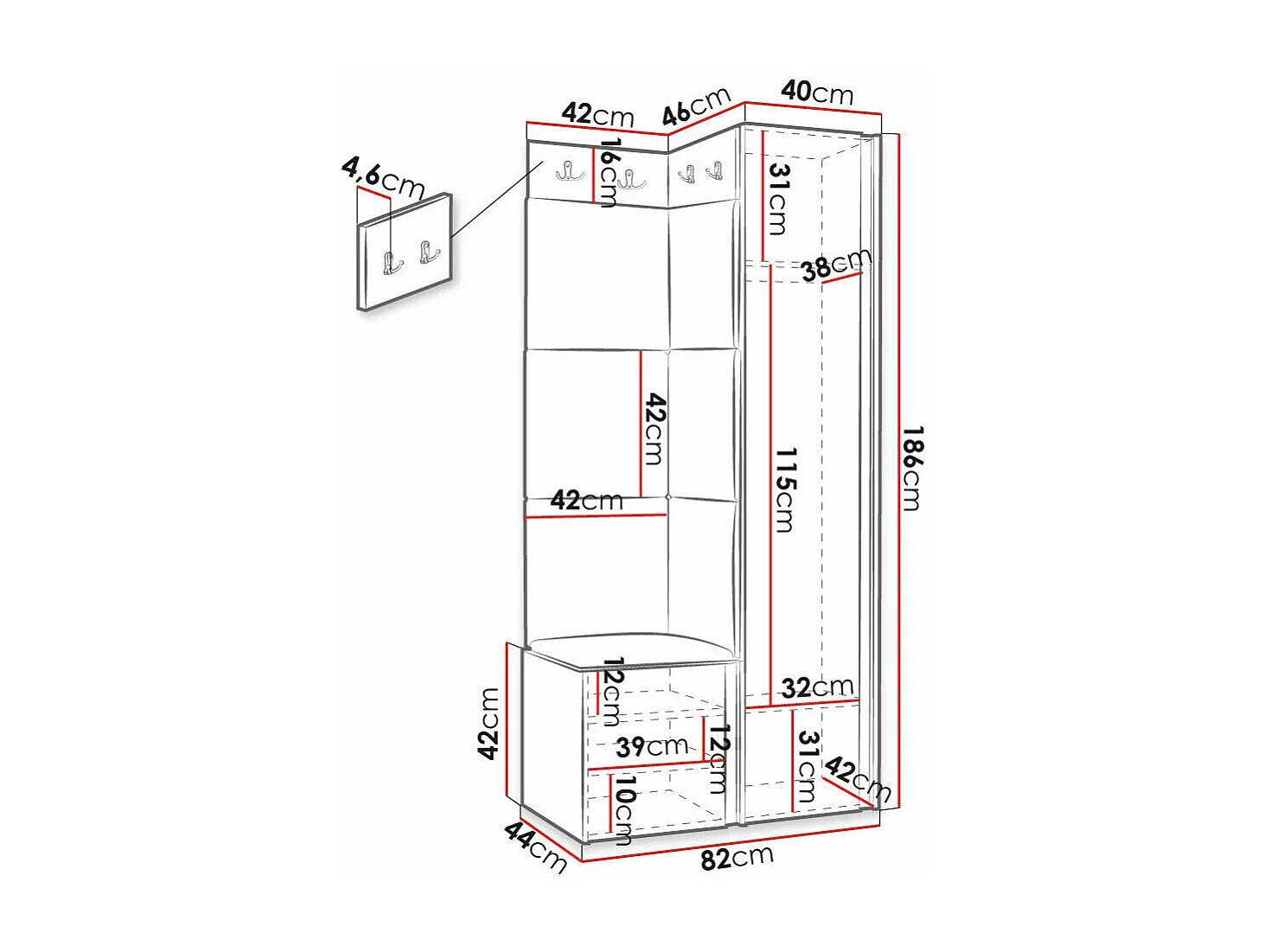 Conjunto pasillo Hartford 391, 186x82x46cm, Espejo, Turquesa|Negro