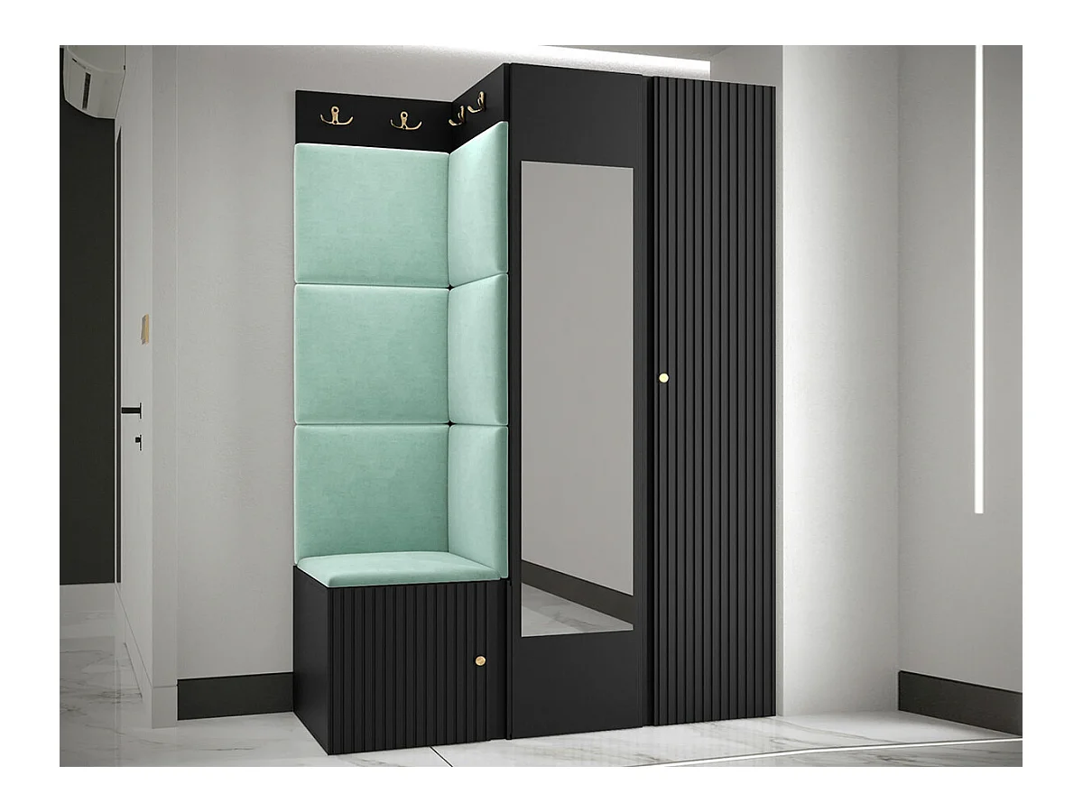 Meuble d'entrée Hartford 388, 186x116x46cm, Miroir, Noir|Turquoise, À poser|À suspendre