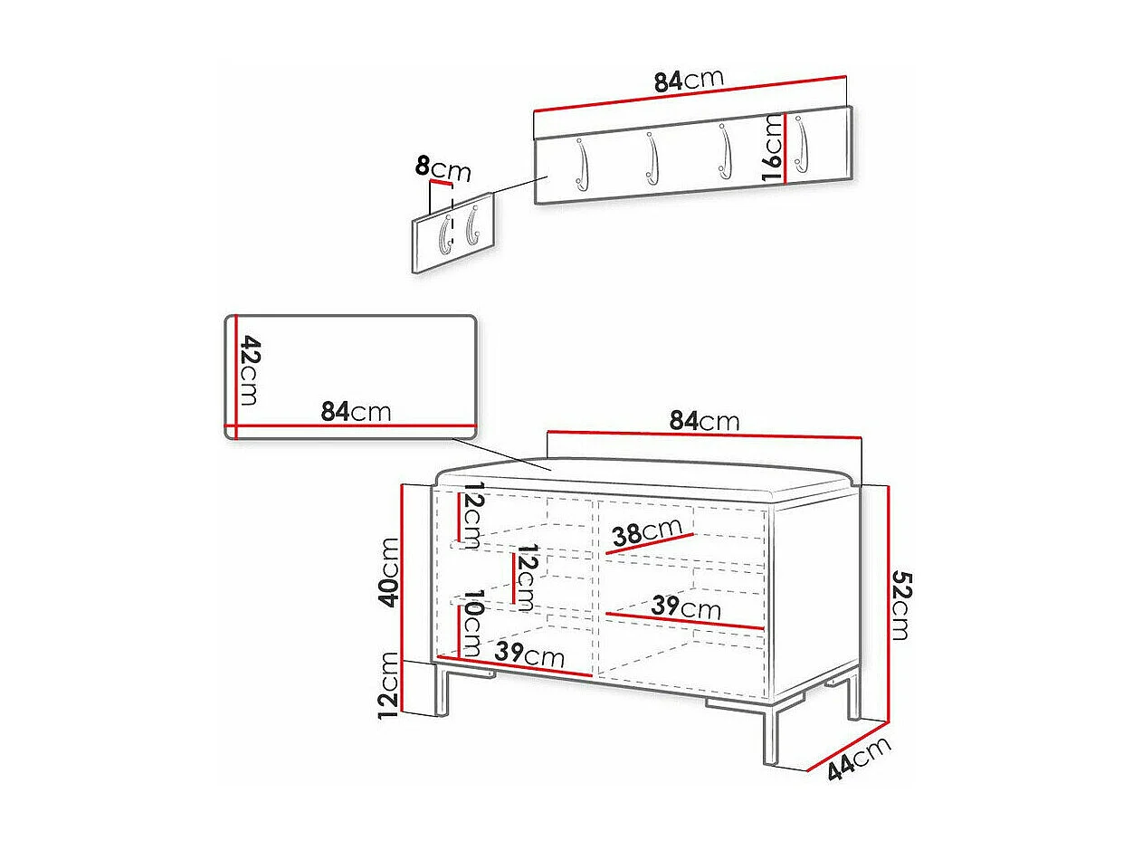 Set mobili da ingresso Hartford F108, 84x44cm, Bianco, Truciolare laminato|Eco pelle