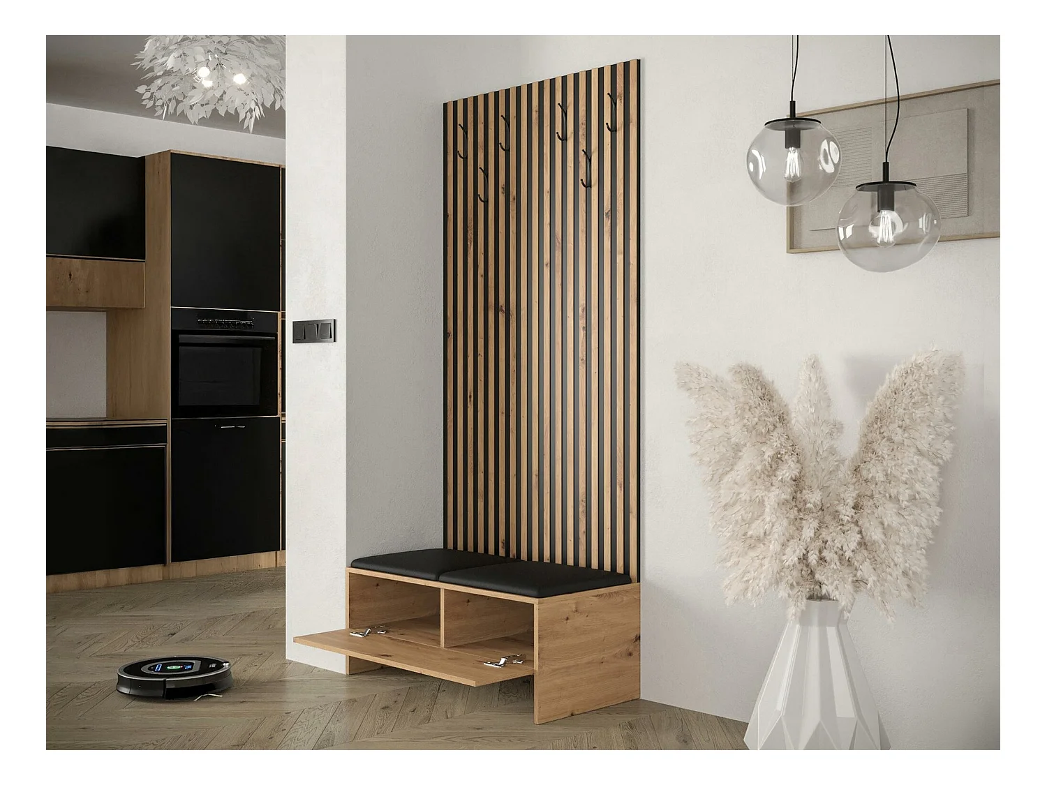 Conjunto pasillo Hartford 321, 206x85x44cm, Roble Artisan|Negro, Colocada