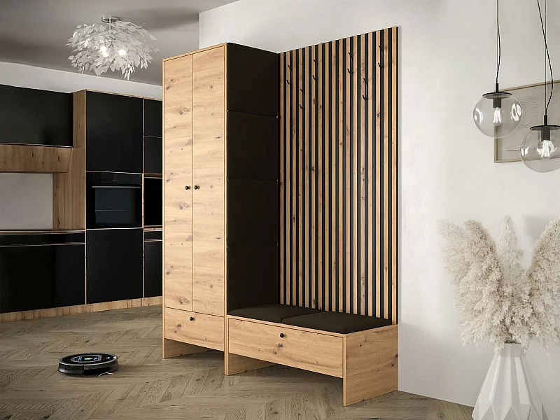 Meuble d'entrée Hartford 320, 206x145x44cm, Chêne Artisan|Noir, Tapisserie|Stratifié