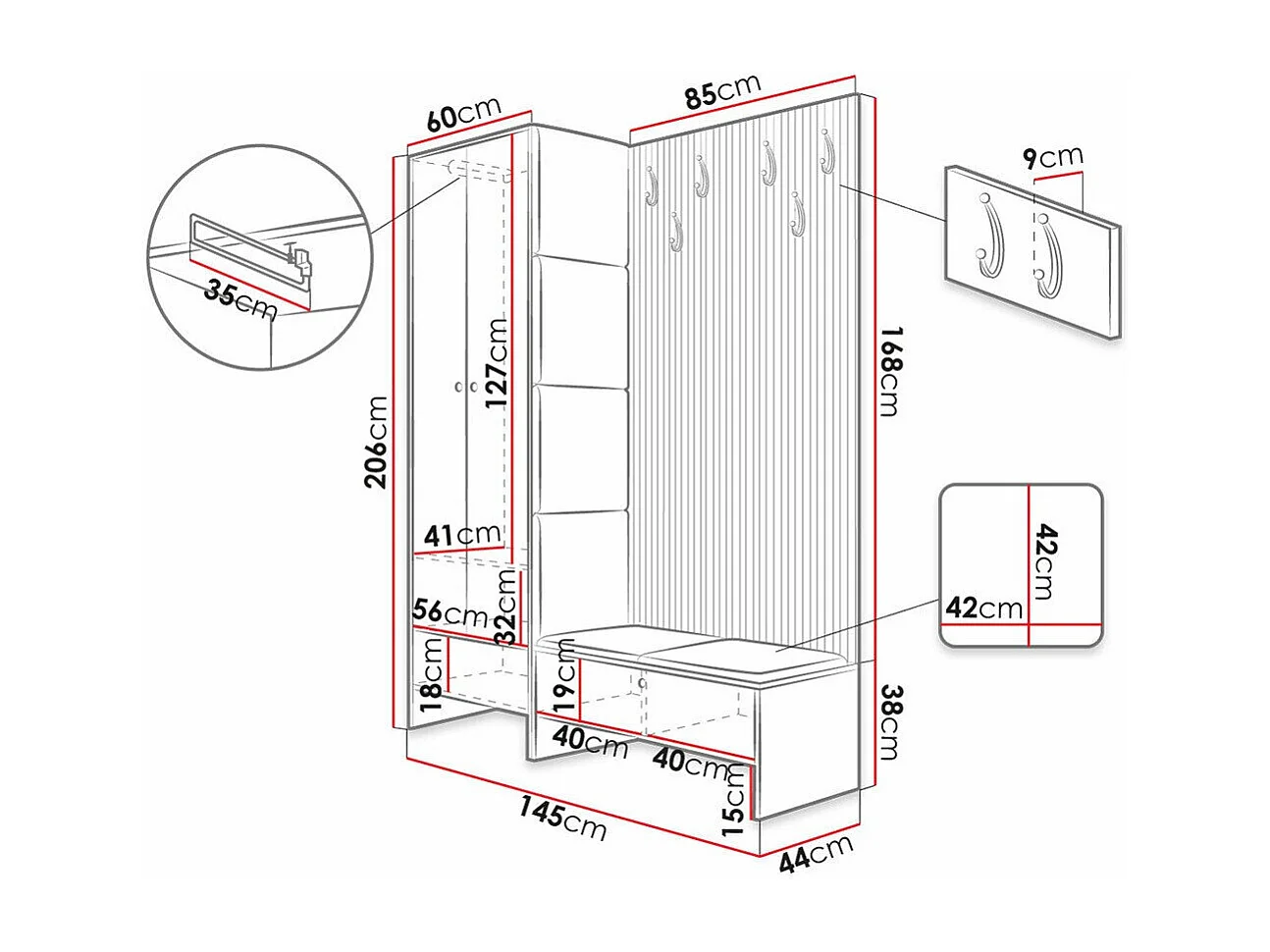Conjunto pasillo Hartford 320, 206x145x44cm, Roble Artisan|Marrón, Colocada