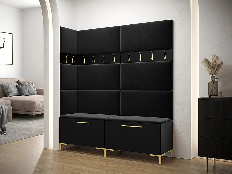 Meuble d'entrée Tivsoa 104, 196x168x46cm, Noir, Stratifié|Tissu, À poser|Murale