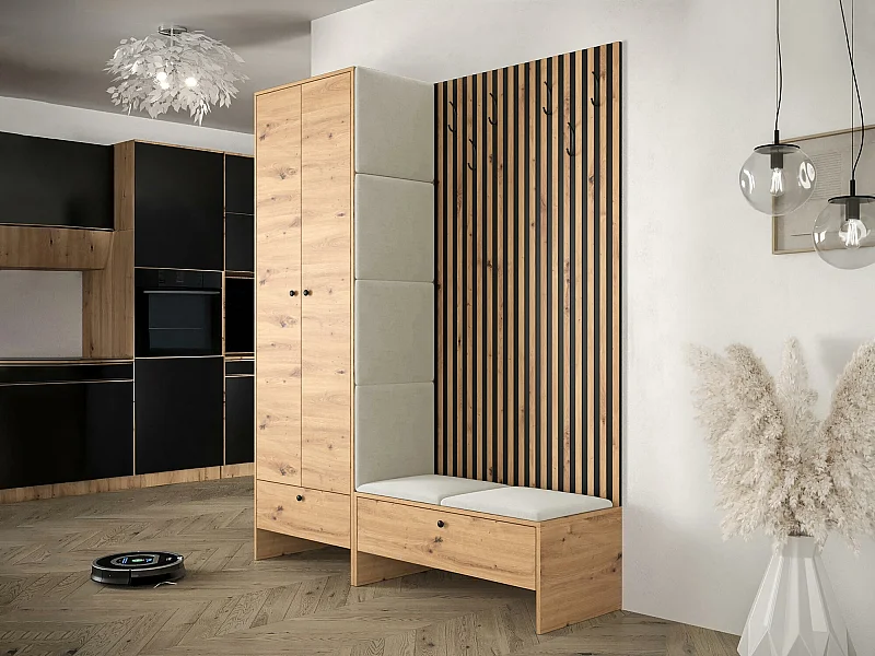 Meuble d'entrée Hartford 320, 206x145x44cm, Chêne Artisan|Noir, Tapisserie|Stratifié