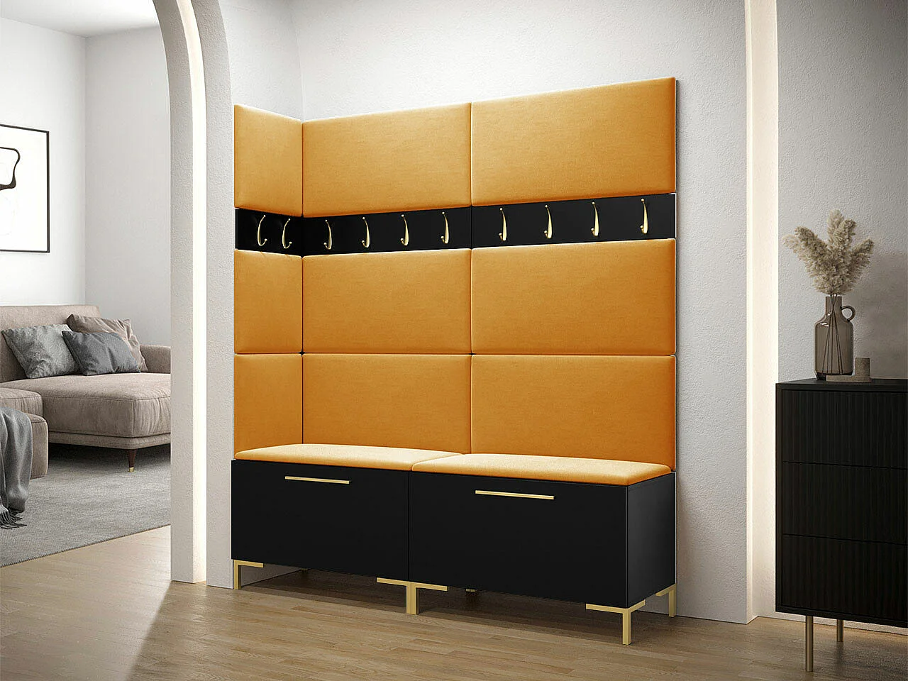 Set mobili da ingresso Hartford F104, 196x168x46cm, Nero, Arazzo|Truciolare laminato