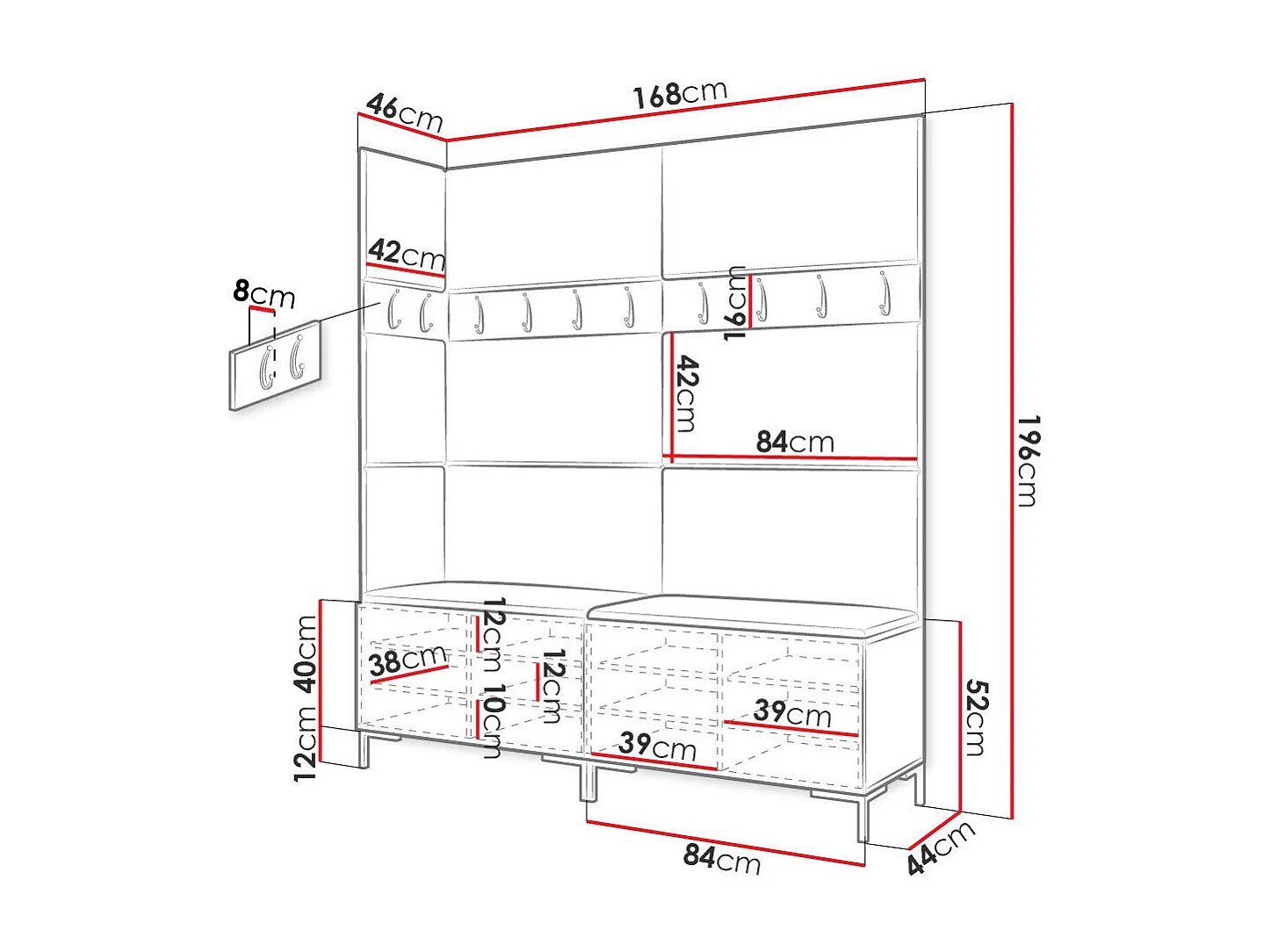 Set mobili da ingresso Hartford F104, 196x168x46cm, Nero, Arazzo|Truciolare laminato