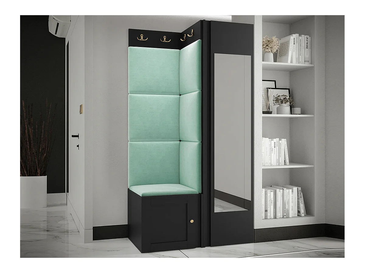 Meuble d'entrée Hartford 382, 186x82x46cm, Miroir, Noir|Turquoise, À poser|À suspendre