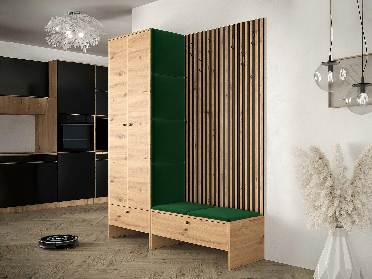 Conjunto pasillo Hartford 320, 206x145x44cm, Roble Artisan|Verde, Colocada