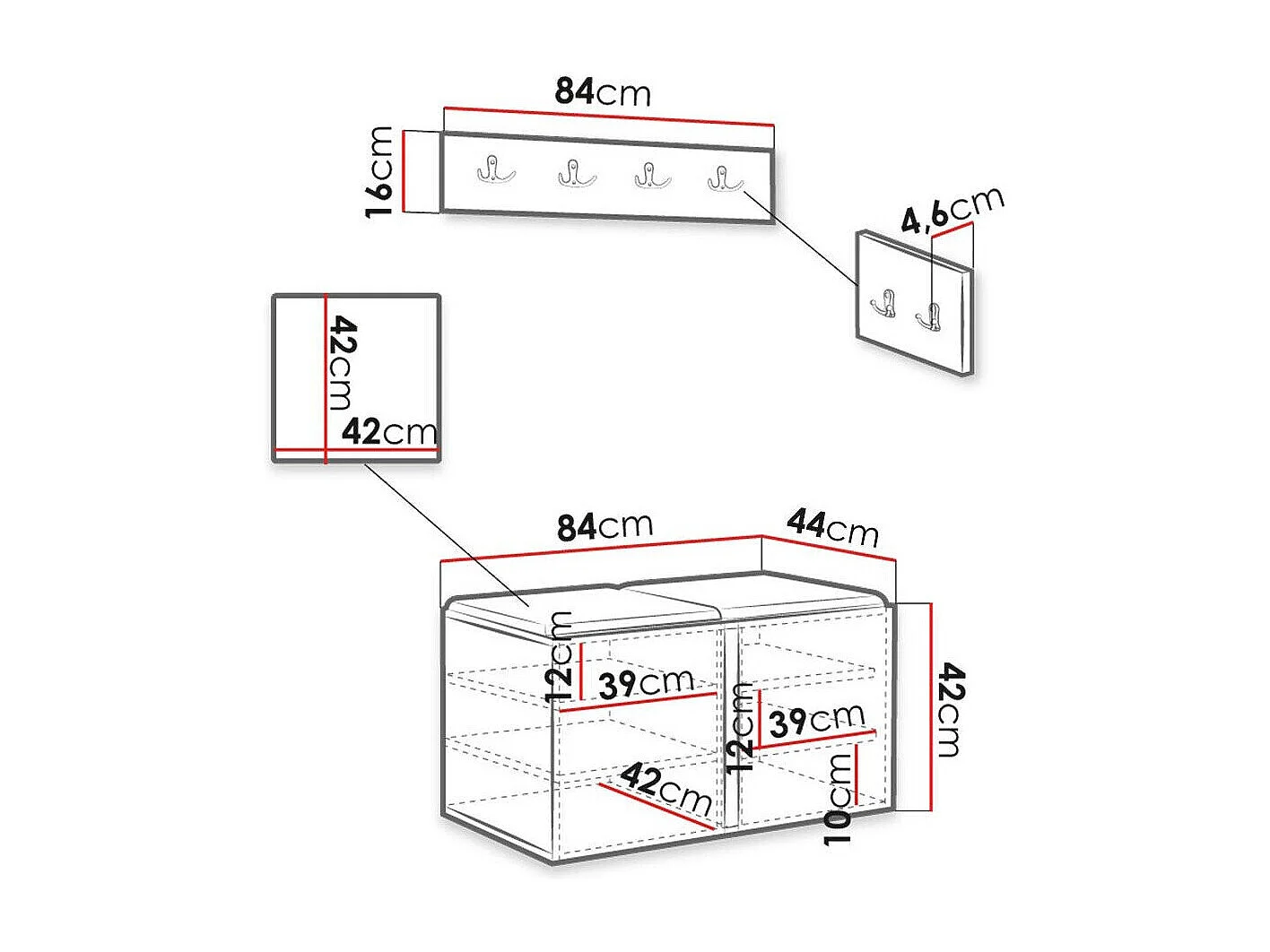 Conjunto pasillo Hartford 376, 84x44cm, Negro, Cuero ecológico|MDF|Aglomerado laminado