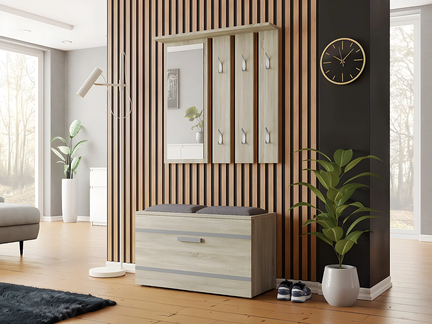 Conjunto pasillo Mandeville 103, 85x36cm, Espejo, Roble Sonoma, Aglomerado laminado