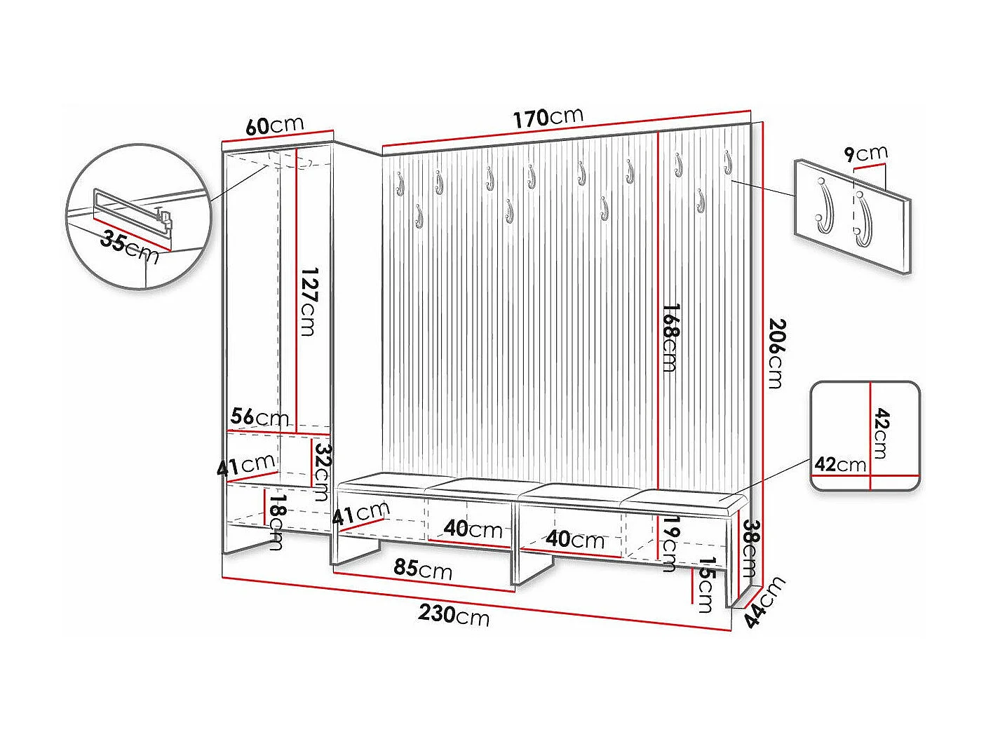 Conjunto pasillo Hartford 484, 206x230x44cm, Aglomerado laminado|Tapiz, Colocada
