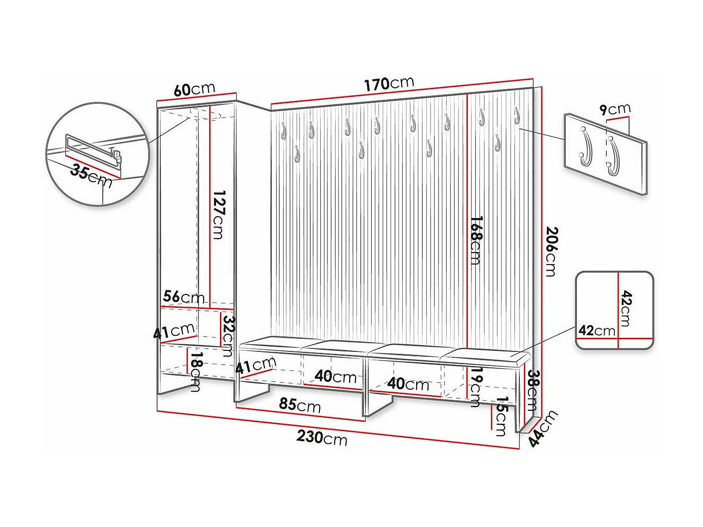Conjunto pasillo Hartford 484, 206x230x44cm, Aglomerado laminado|Tapiz, Colocada