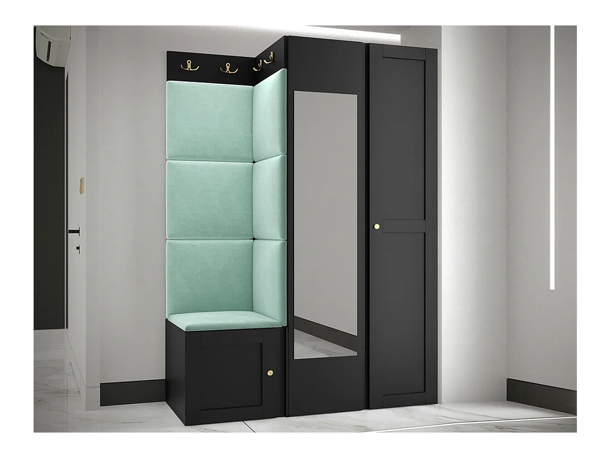Meuble d'entrée Hartford 380, 186x116x46cm, Miroir, Noir|Turquoise, À poser|À suspendre