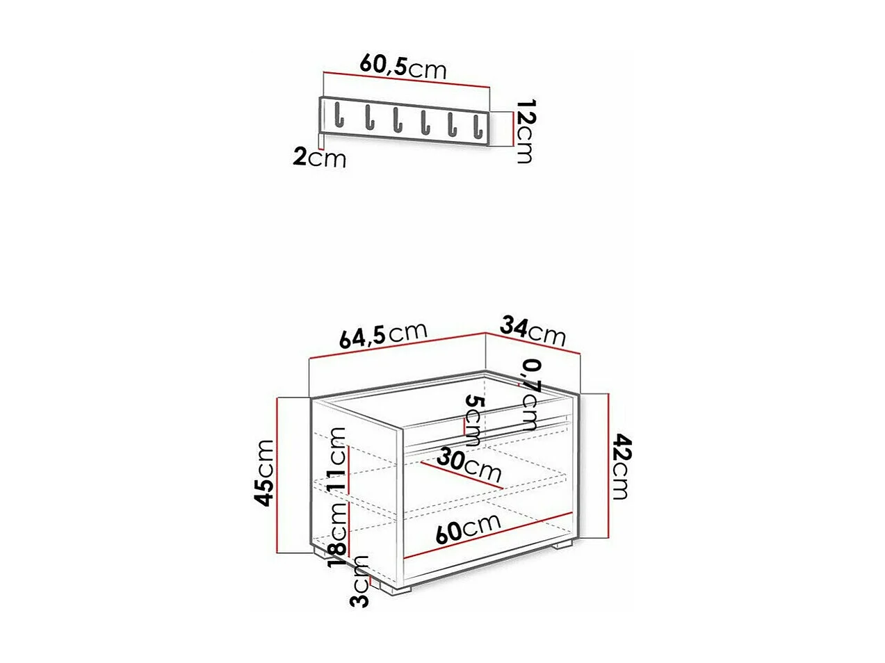 Meuble d'entrée Comfivo 399, 65x34cm, Noir, Faux cuir|Stratifié, Murale|À poser