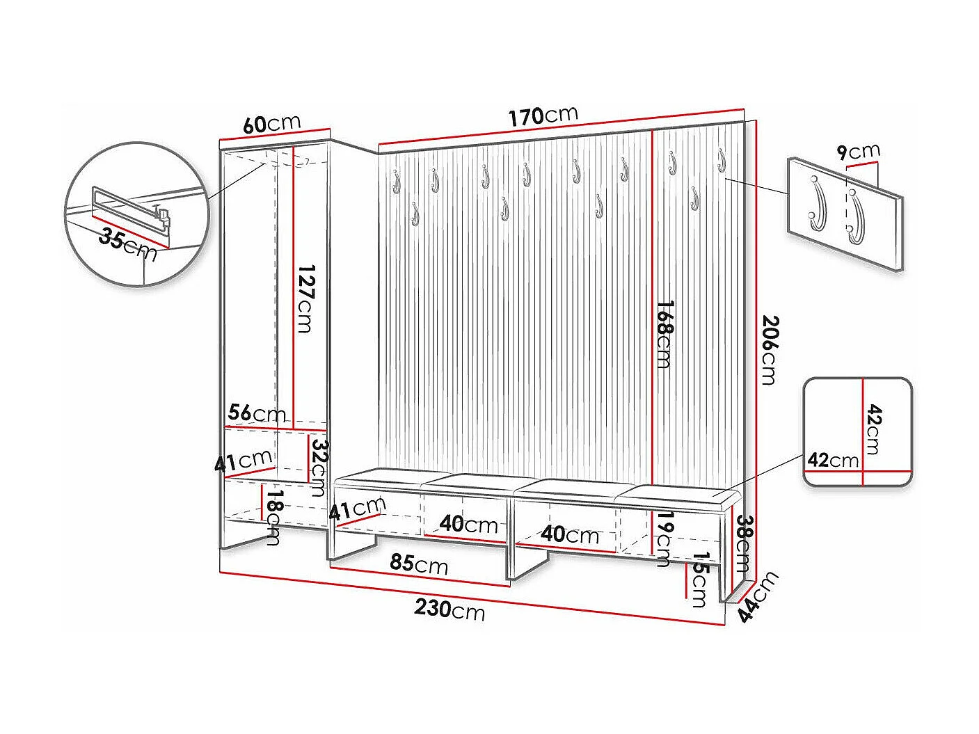 Conjunto pasillo Hartford 484, 206x230x44cm, Aglomerado laminado|Tapiz, Colocada