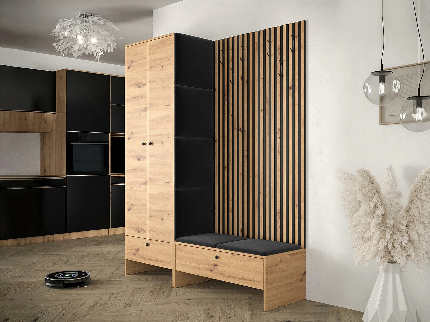 Conjunto pasillo Hartford 320, 206x145x44cm, Roble Artisan|Negro, Colocada