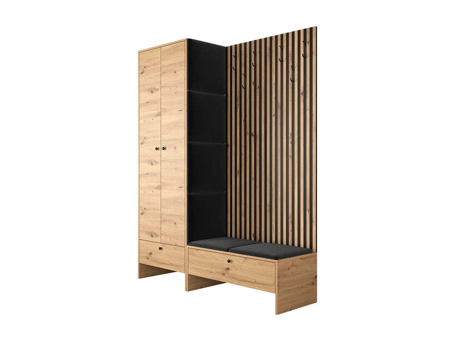 Meuble d'entrée Hartford 320, 206x145x44cm, Chêne Artisan|Noir, Tissu|Stratifié, À poser