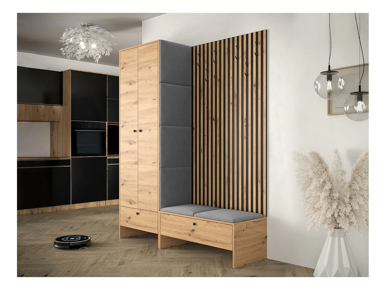 Meuble d'entrée Hartford 320, 206x145x44cm, Chêne Artisan|Noir, Tapisserie|Stratifié