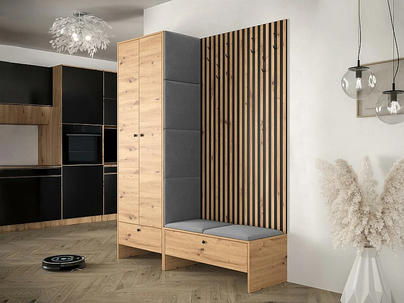 Meuble d'entrée Hartford 320, 206x145x44cm, Chêne Artisan|Noir, Tissu|Stratifié, À poser