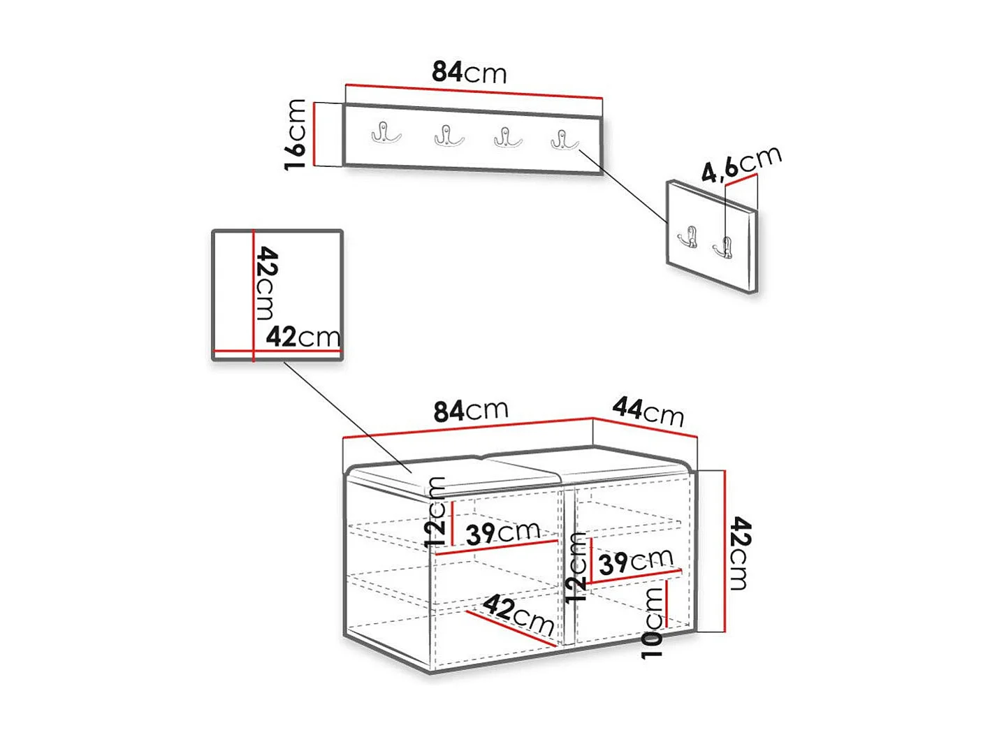Conjunto pasillo Hartford 376, 84x44cm, Negro|Blanco, Tapiz|MDF|Aglomerado laminado