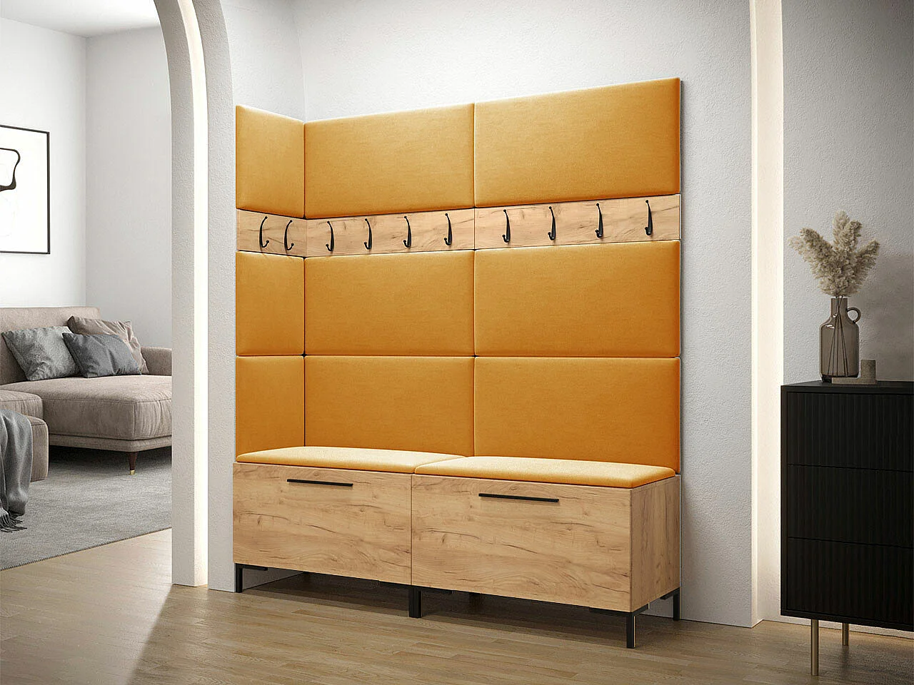 Conjunto pasillo Hartford F104, 196x168x46cm, Craft roble, Tapiz|Aglomerado laminado