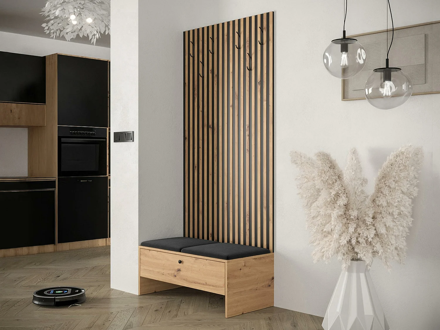 Conjunto pasillo Hartford 321, 206x85x44cm, Roble Artisan|Negro, Colocada