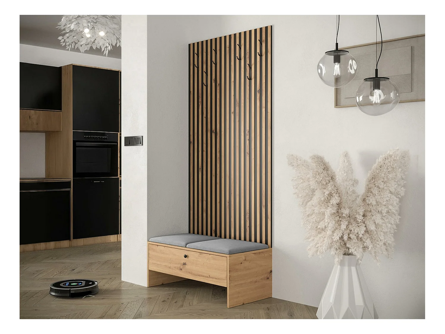 Meuble d'entrée Hartford 321, 206x85x44cm, Noir|Chêne Artisan, Tapisserie|Stratifié