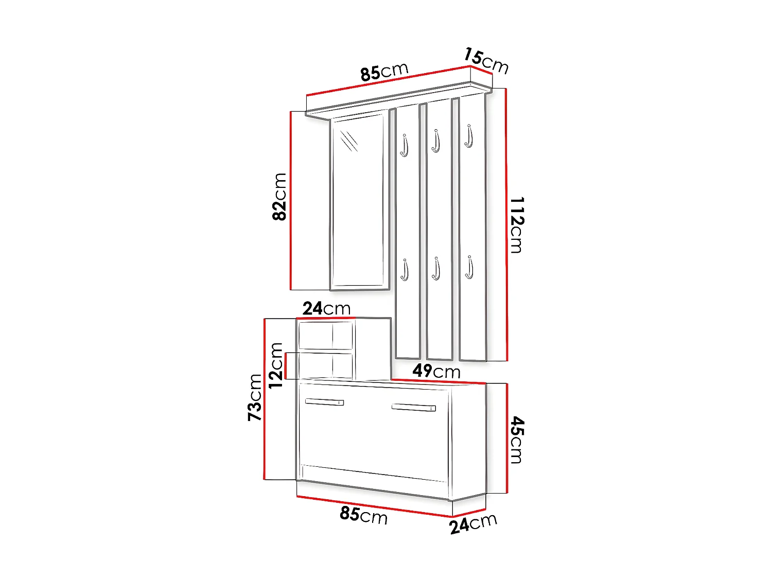 Conjunto para corredor Mandeville 100, Espelho, Montado nas parede