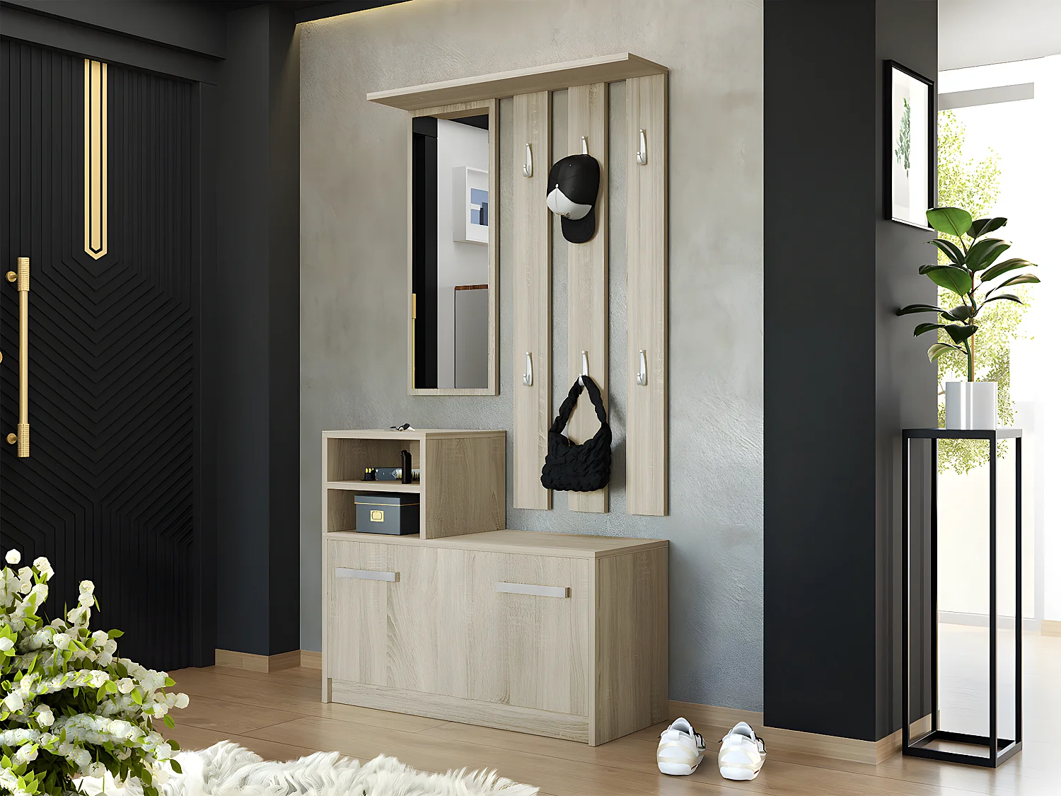 Conjunto pasillo Mandeville 100, 85x24cm, Espejo, Roble Sonoma, Aglomerado laminado